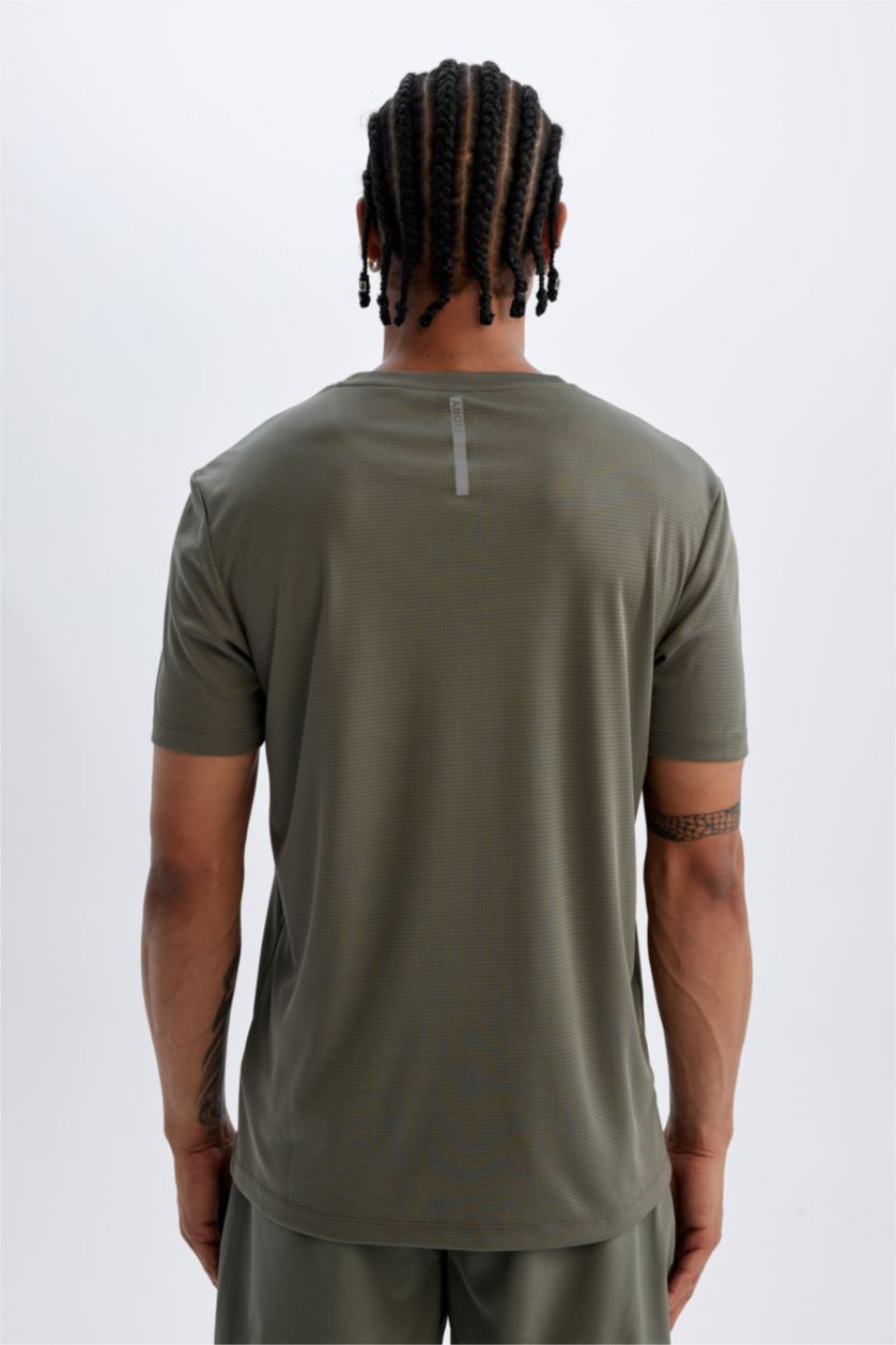 Erkek Haki Slim Fit Dar Kesim Bisiklet Yaka Baskılı Sporcu Kısa Kollu Tişört