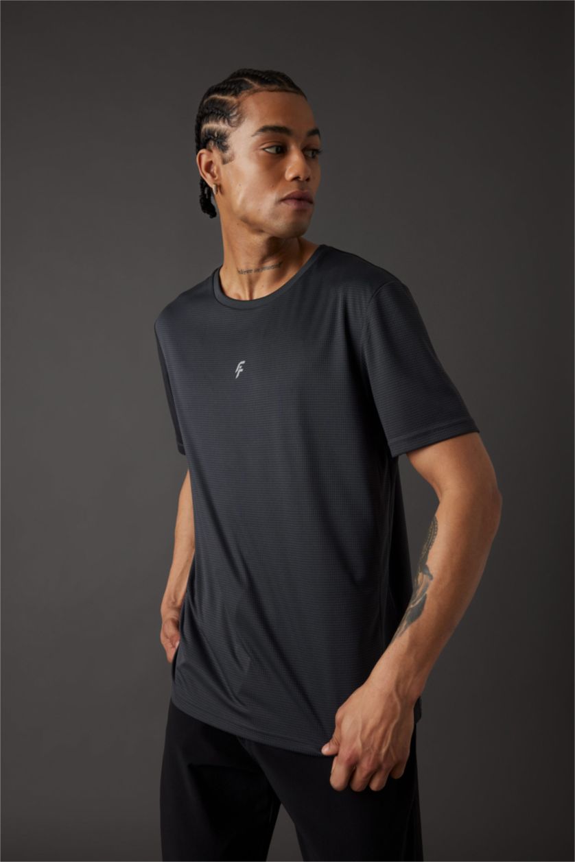 MAN Anthracite DeFactoFit Slim Fit Crew Neck Printed Sports T-Shirt