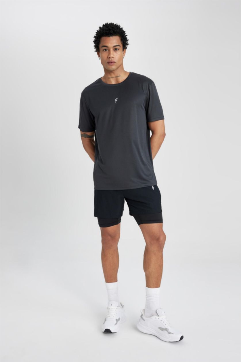 MAN Anthracite DeFactoFit Slim Fit Crew Neck Printed Sports T-Shirt