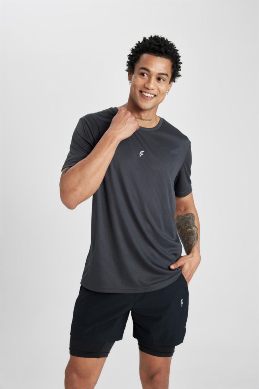 MAN Anthracite DeFactoFit Slim Fit Crew Neck Printed Sports T-Shirt