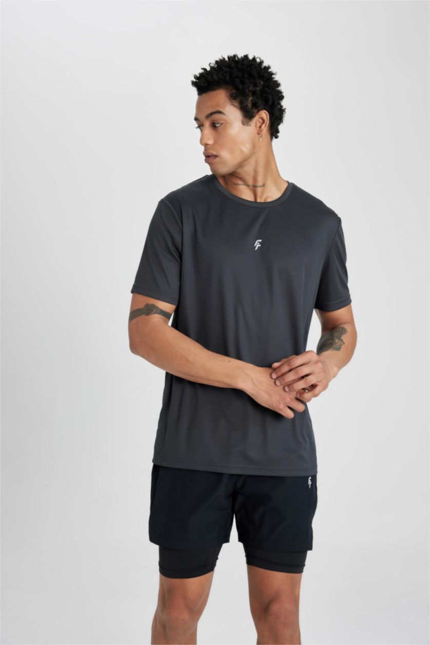 MAN Anthracite DeFactoFit Slim Fit Crew Neck Printed Sports T-Shirt