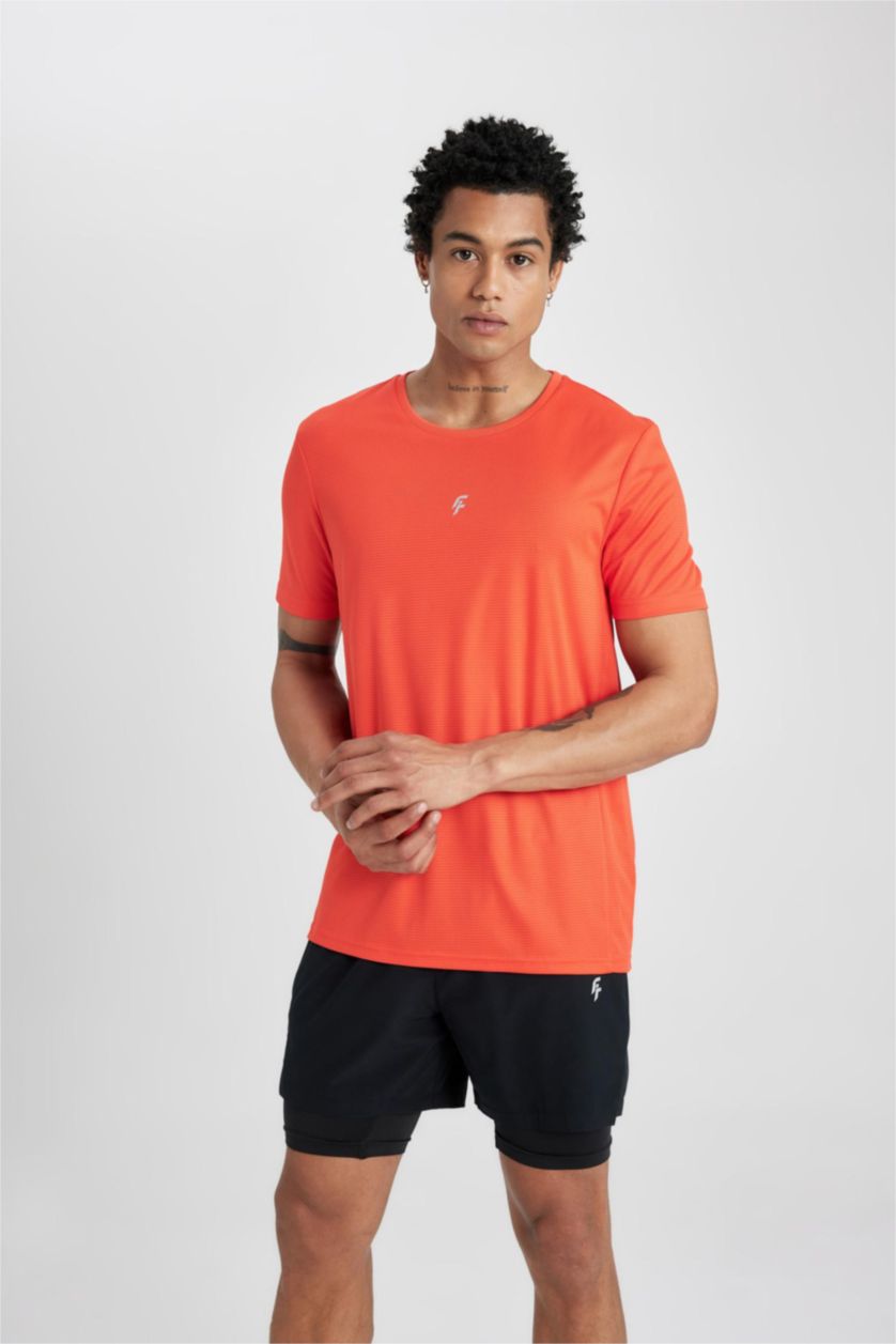 Erkek Turuncu Slim Fit Dar Kesim Bisiklet Yaka Baskılı Sporcu Kısa Kollu Tişört