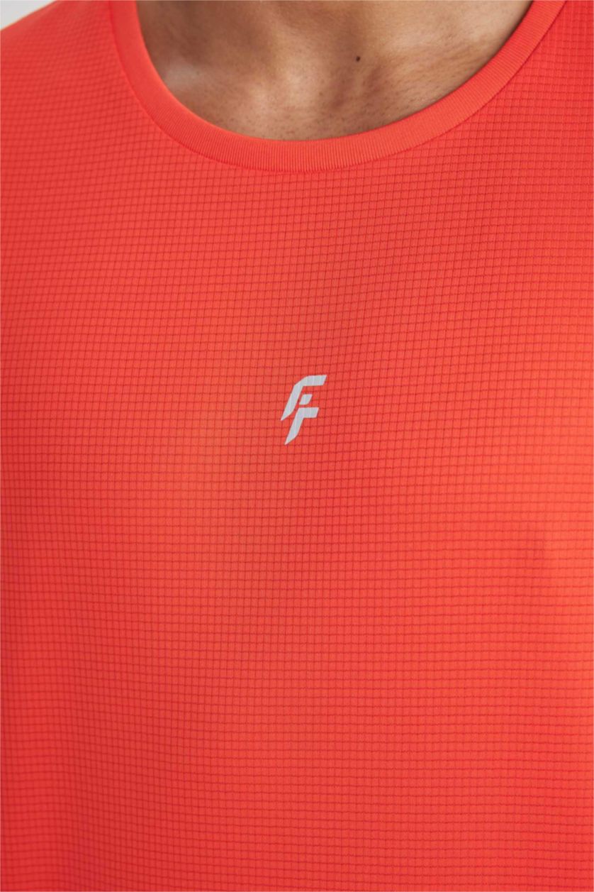 Erkek Turuncu Slim Fit Dar Kesim Bisiklet Yaka Baskılı Sporcu Kısa Kollu Tişört