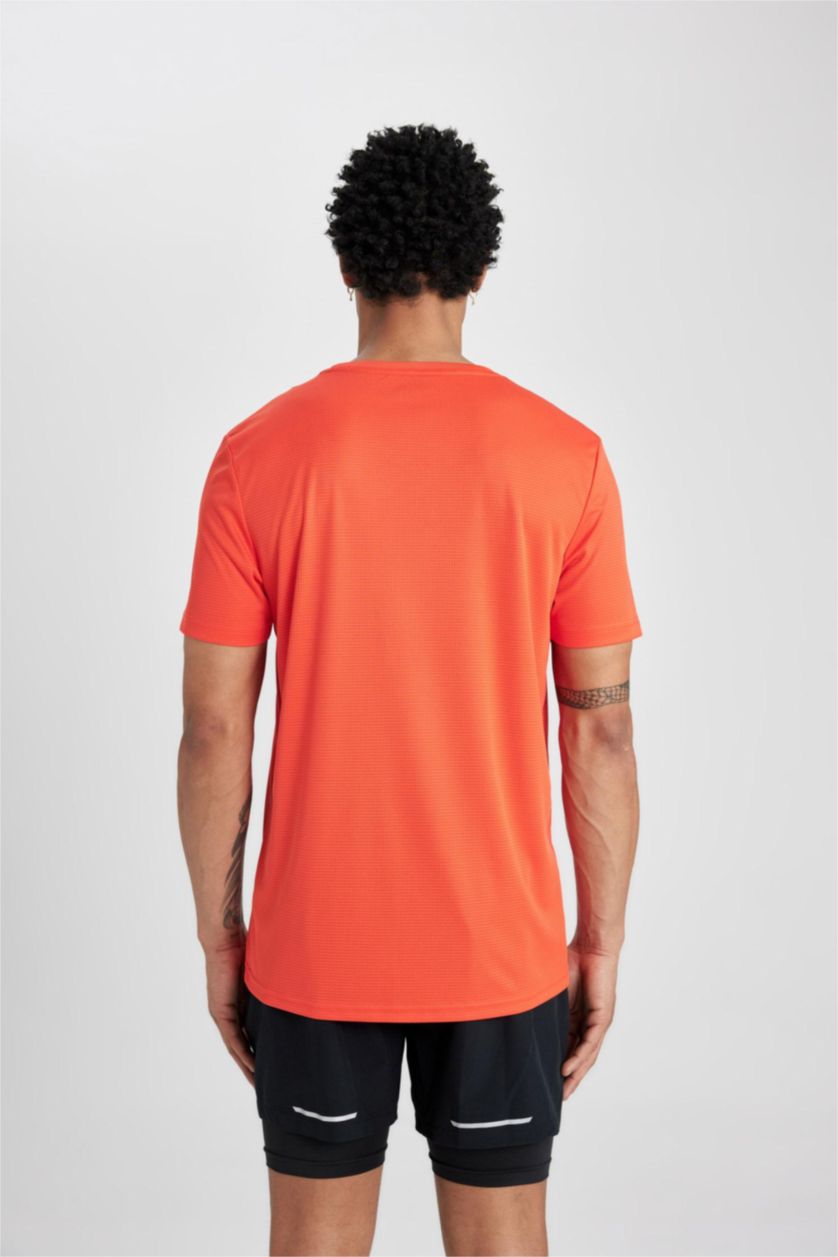 Erkek Turuncu Slim Fit Dar Kesim Bisiklet Yaka Baskılı Sporcu Kısa Kollu Tişört