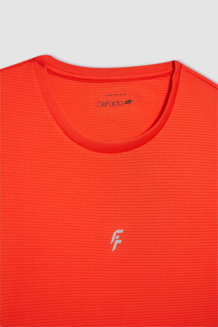 Erkek Turuncu Slim Fit Dar Kesim Bisiklet Yaka Baskılı Sporcu Kısa Kollu Tişört