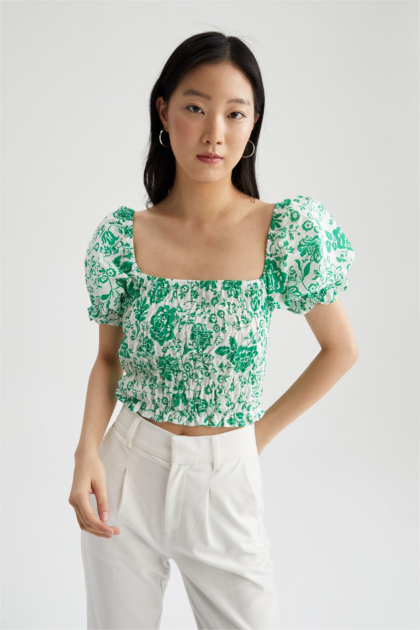 FEMME Blanc Blouse à manches courtes Voile Coupe Slim Col Carré