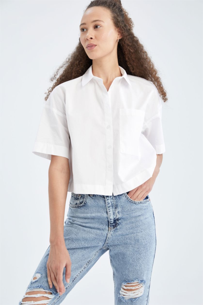 FEMME Blanc Chemise coupe oversize en popeline à col chemise et manches courtes