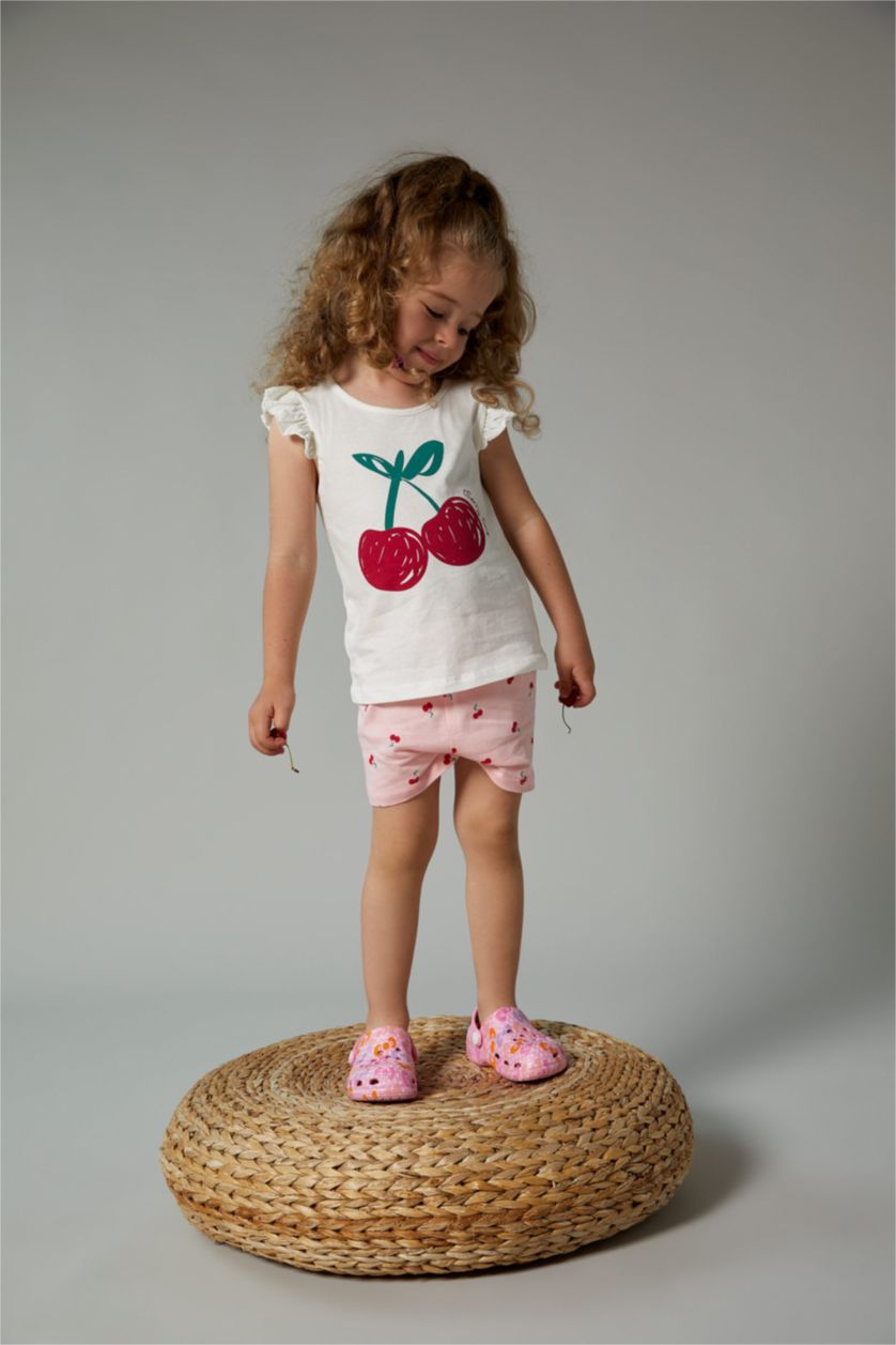 Kız Bebek Ekru Kız Bebek Kiraz Baskılı Kısa Kollu  Tişört Şort 2'li Takım