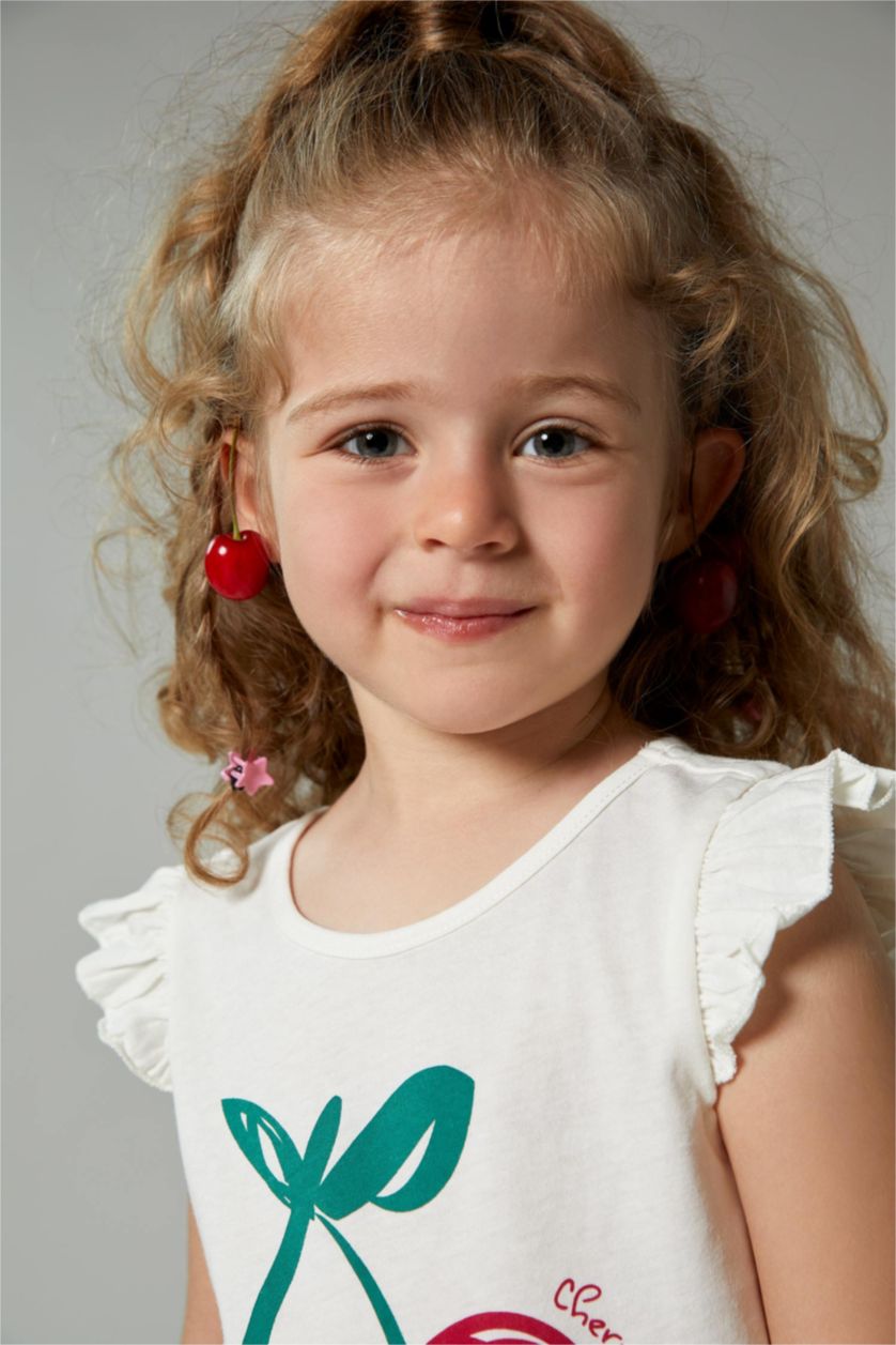 Kız Bebek Ekru Kız Bebek Kiraz Baskılı Kısa Kollu  Tişört Şort 2'li Takım