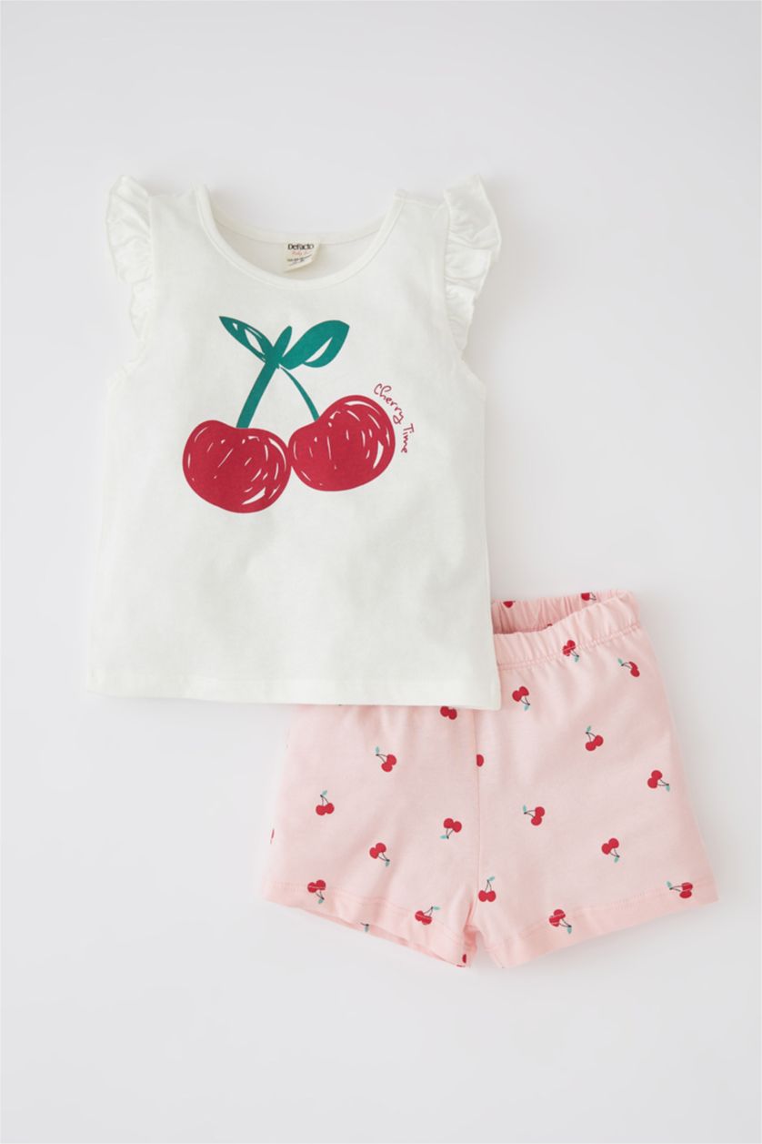 Kız Bebek Ekru Kız Bebek Kiraz Baskılı Kısa Kollu  Tişört Şort 2'li Takım
