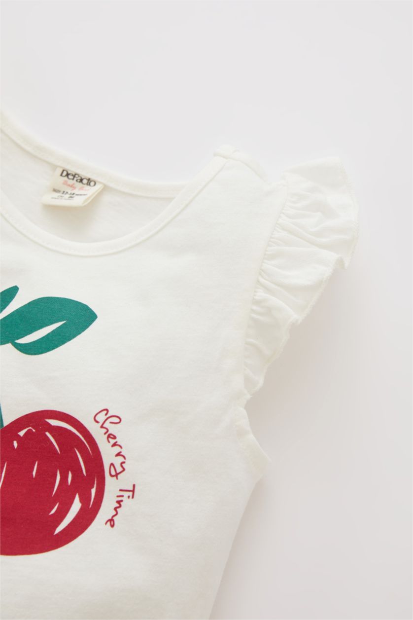 Kız Bebek Ekru Kız Bebek Kiraz Baskılı Kısa Kollu  Tişört Şort 2'li Takım