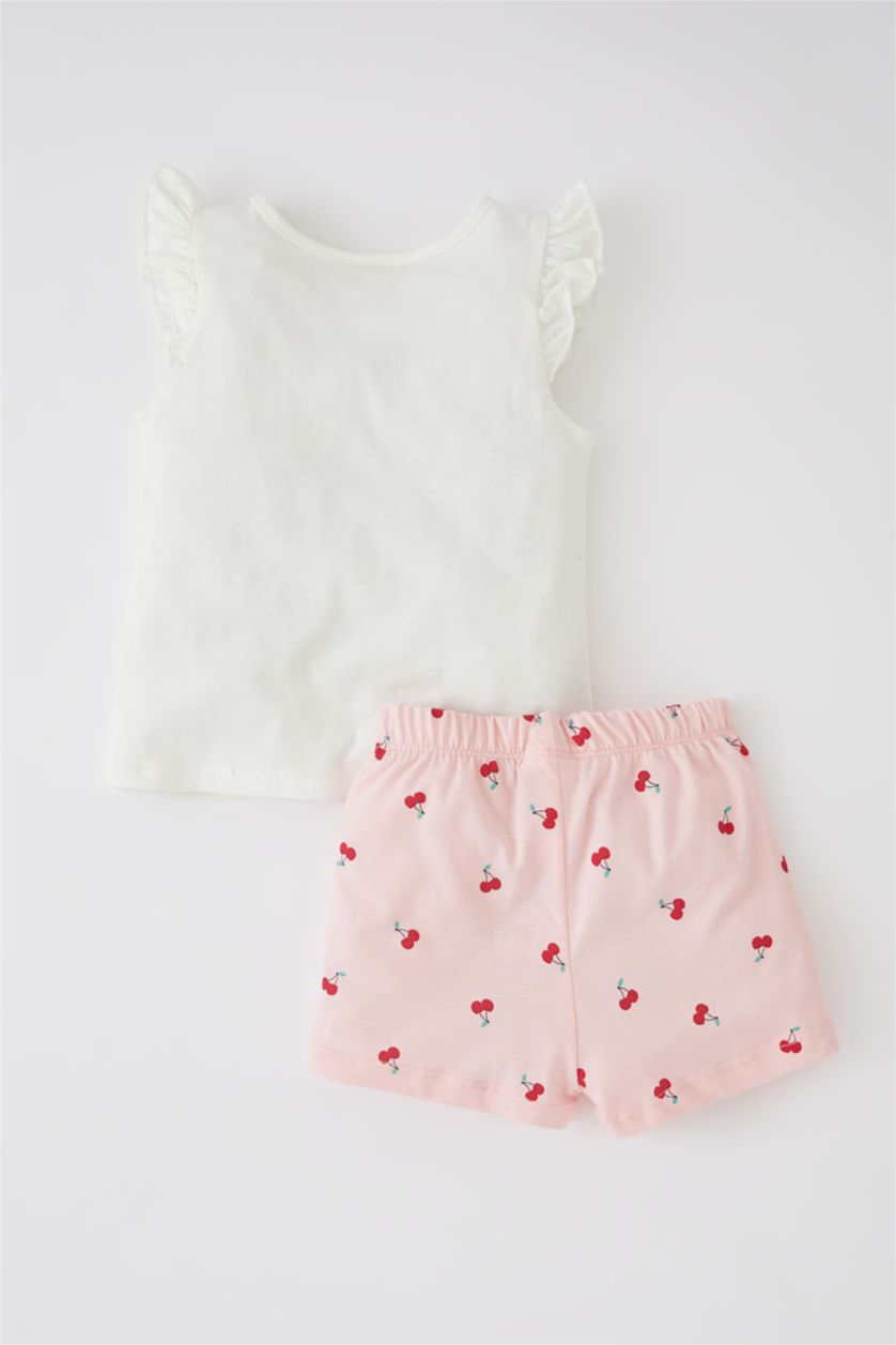 Kız Bebek Ekru Kız Bebek Kiraz Baskılı Kısa Kollu  Tişört Şort 2'li Takım