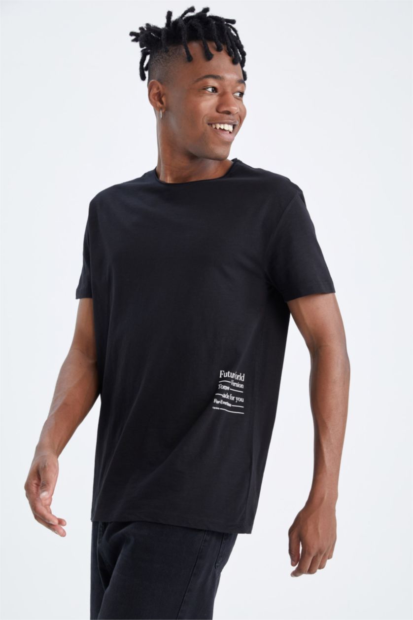 HOMME Noir T-shirt col rond coupe classique en coton peigné imprimé