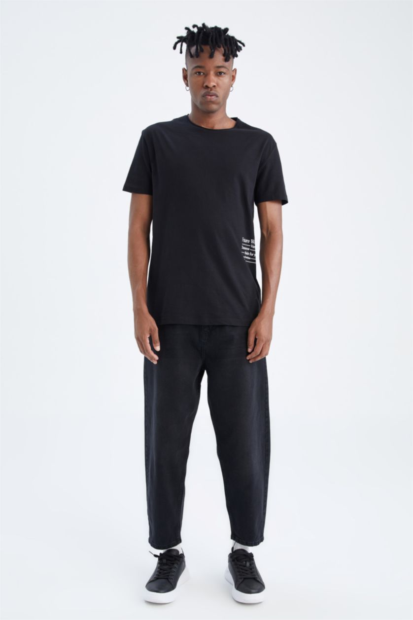 HOMME Noir T-shirt col rond coupe classique en coton peigné imprimé