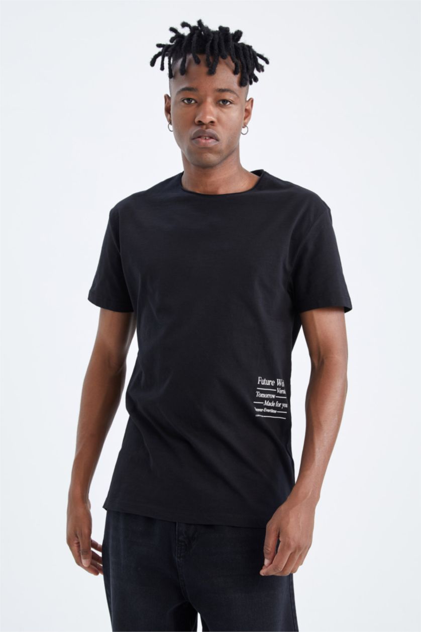 HOMME Noir T-shirt col rond coupe classique en coton peigné imprimé