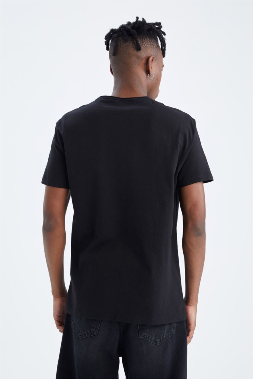 HOMME Noir T-shirt col rond coupe classique en coton peigné imprimé