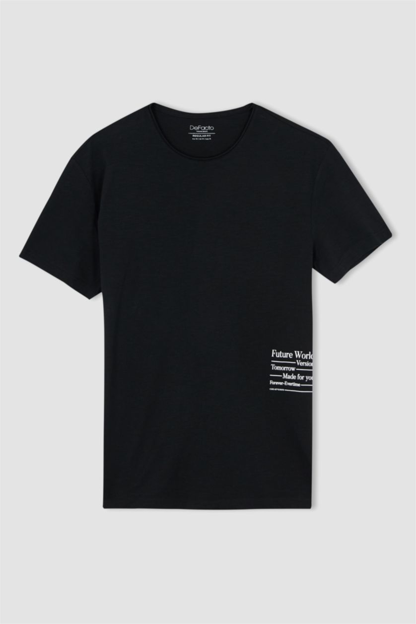 HOMME Noir T-shirt col rond coupe classique en coton peigné imprimé