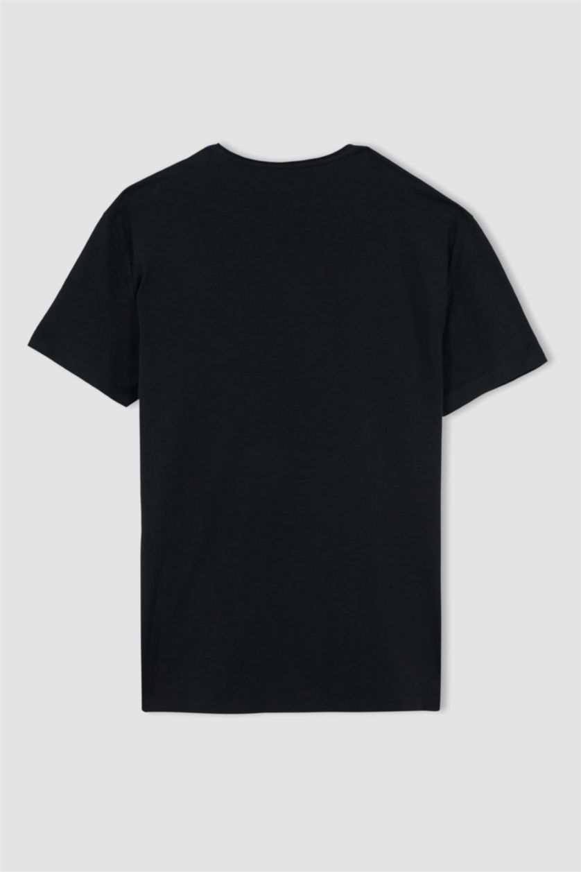 HOMME Noir T-shirt col rond coupe classique en coton peigné imprimé