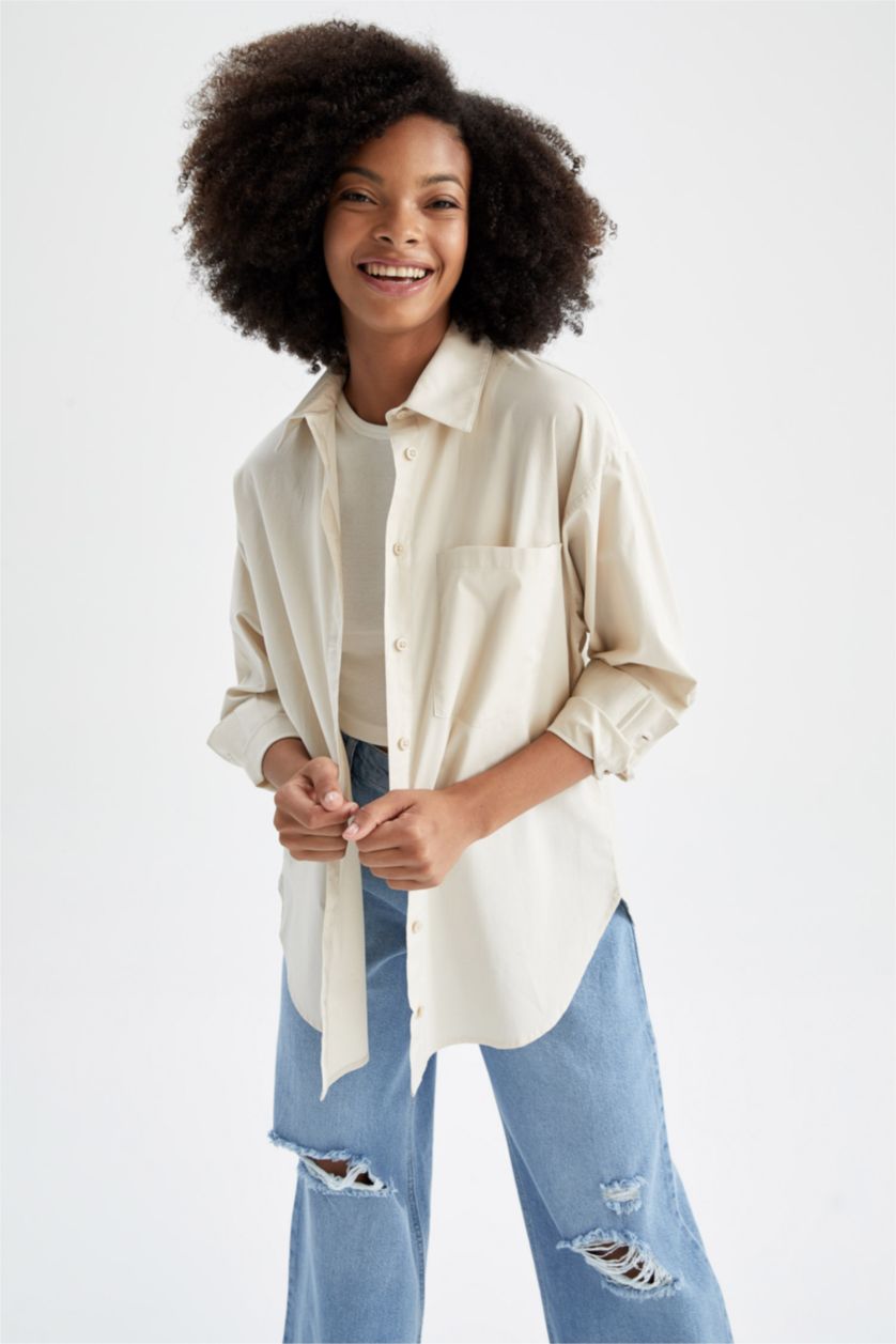 FEMME Beige Chemises à manches longues Popeline Col De Chemise Poche