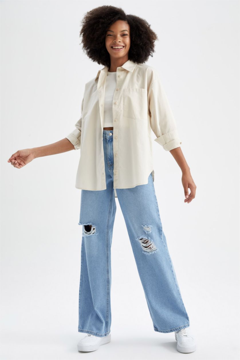 FEMME Beige Chemises à manches longues Popeline Col De Chemise Poche