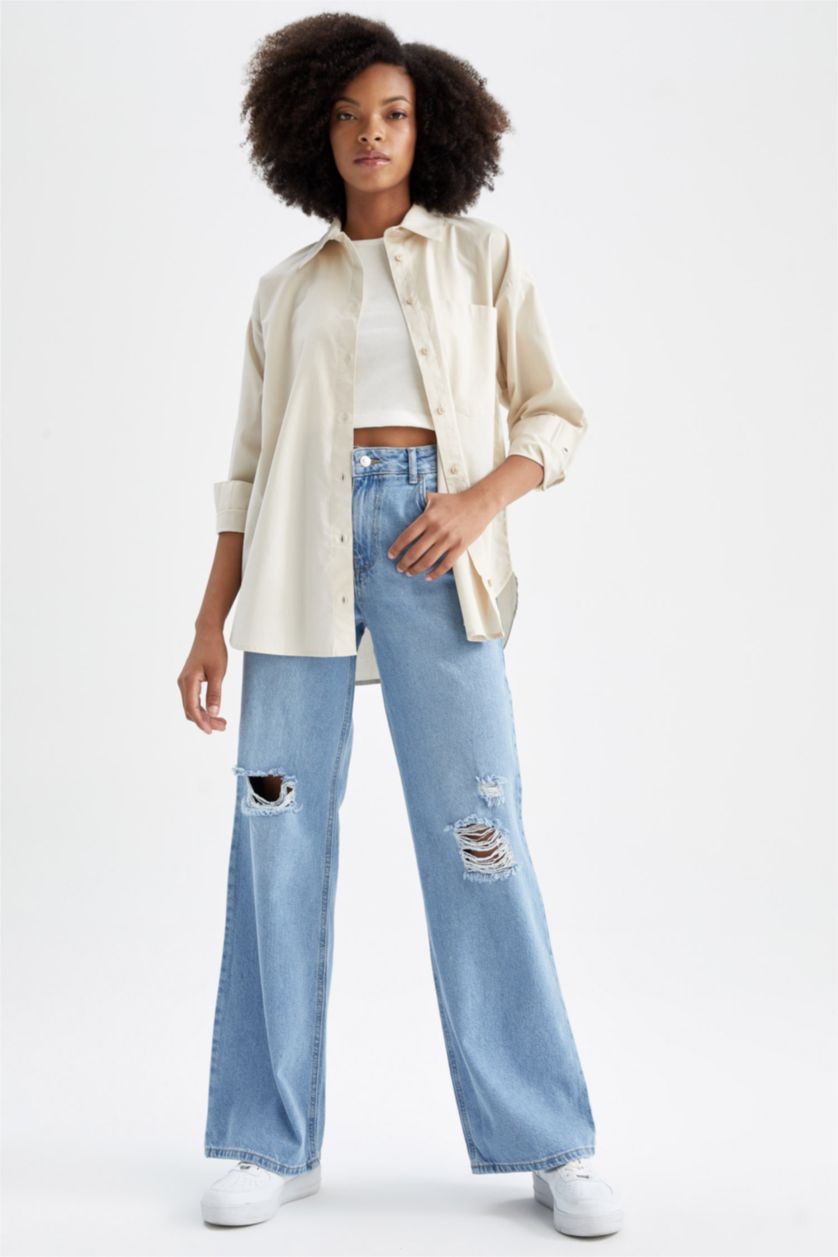 FEMME Beige Chemises à manches longues Popeline Col De Chemise Poche