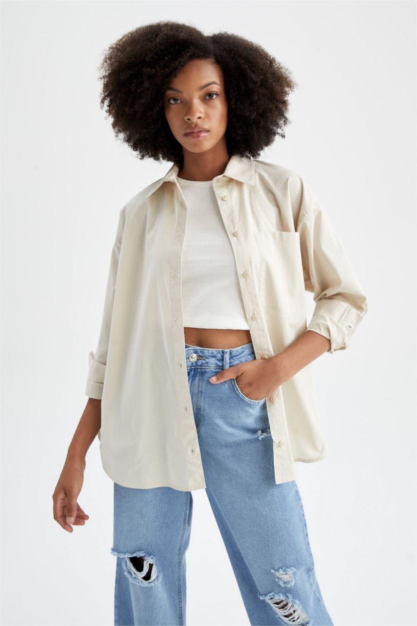 FEMME Beige Chemises à manches longues Popeline Col De Chemise Poche