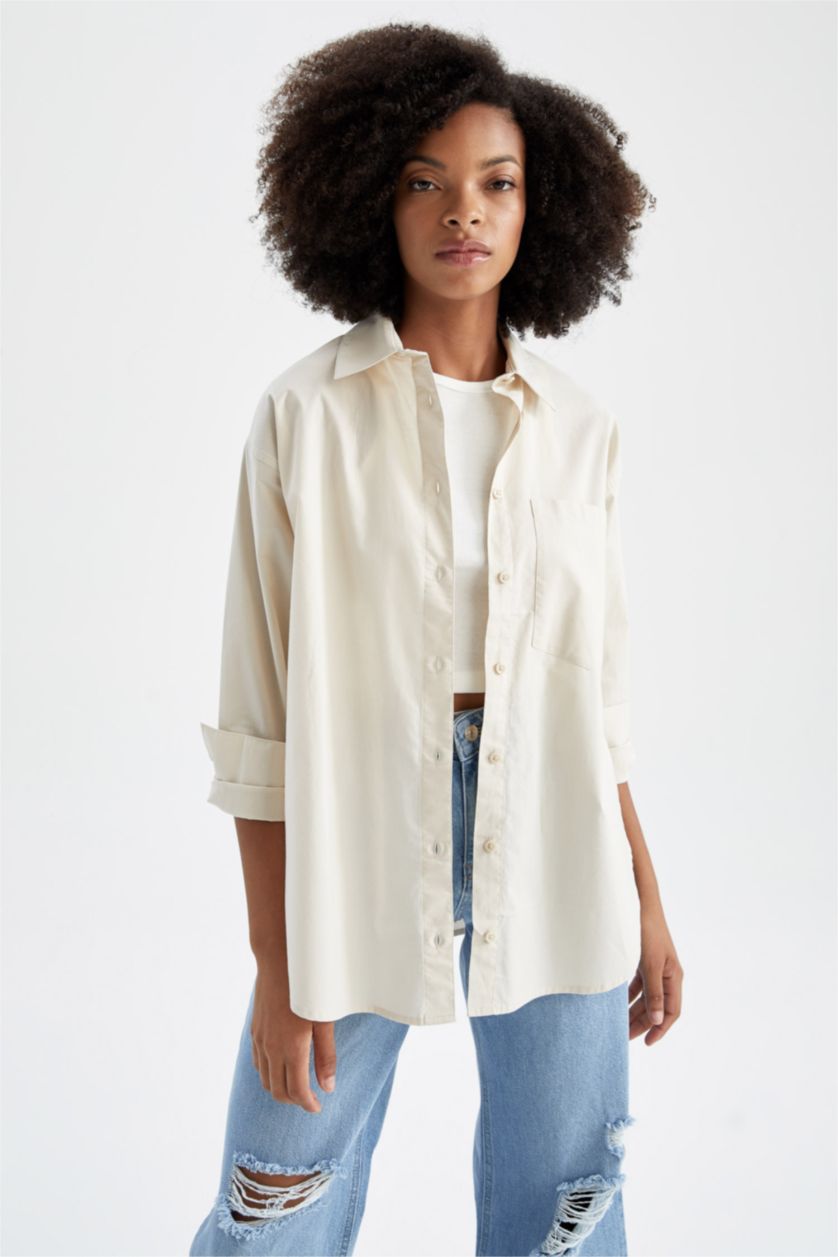 FEMME Beige Chemises à manches longues Popeline Col De Chemise Poche