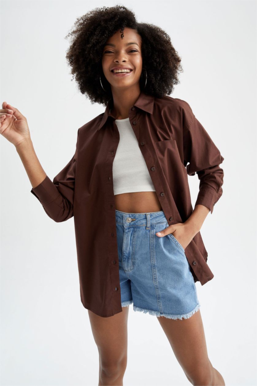 FEMME Marron Chemises à manches longues Popeline Col De Chemise Poche