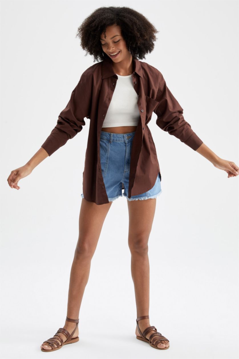 FEMME Marron Chemises à manches longues Popeline Col De Chemise Poche