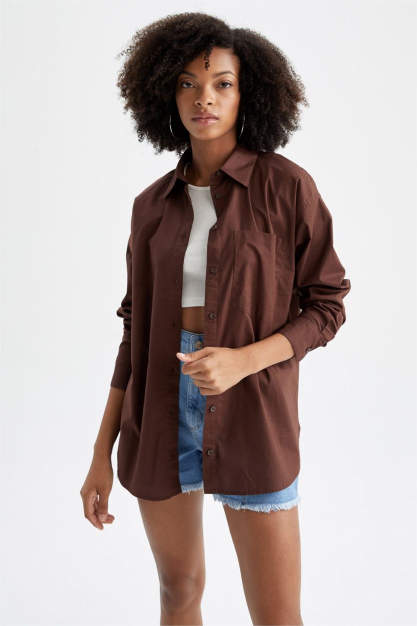 FEMME Marron Chemises à manches longues Popeline Col De Chemise Poche