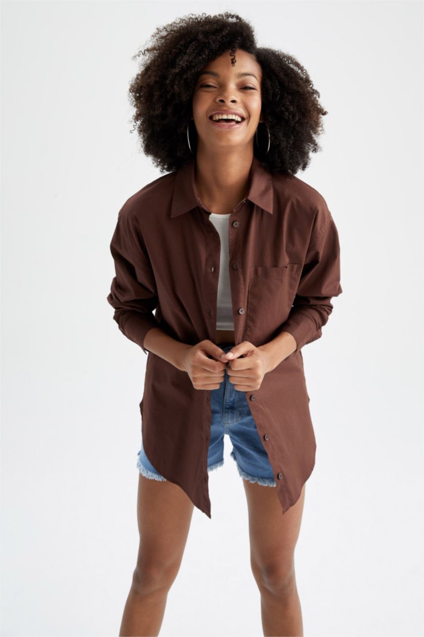 FEMME Marron Chemises à manches longues Popeline Col De Chemise Poche