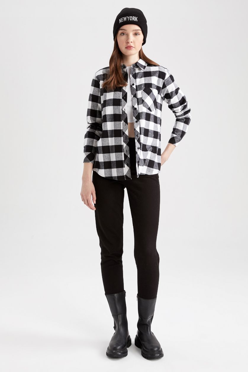 نساء أسود قميص كاروهات قصة عادية ردن طويل