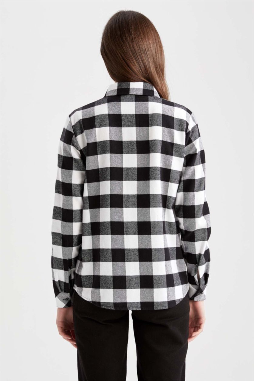 نساء أسود قميص كاروهات قصة عادية ردن طويل