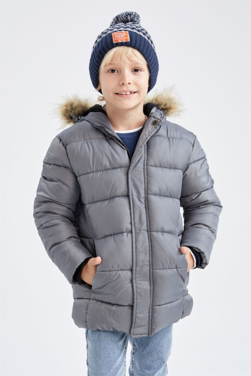 BOYS & TEENS Grey Boy Waterproof Removable Hooded Fur Fleece Lined Puffer Jacket