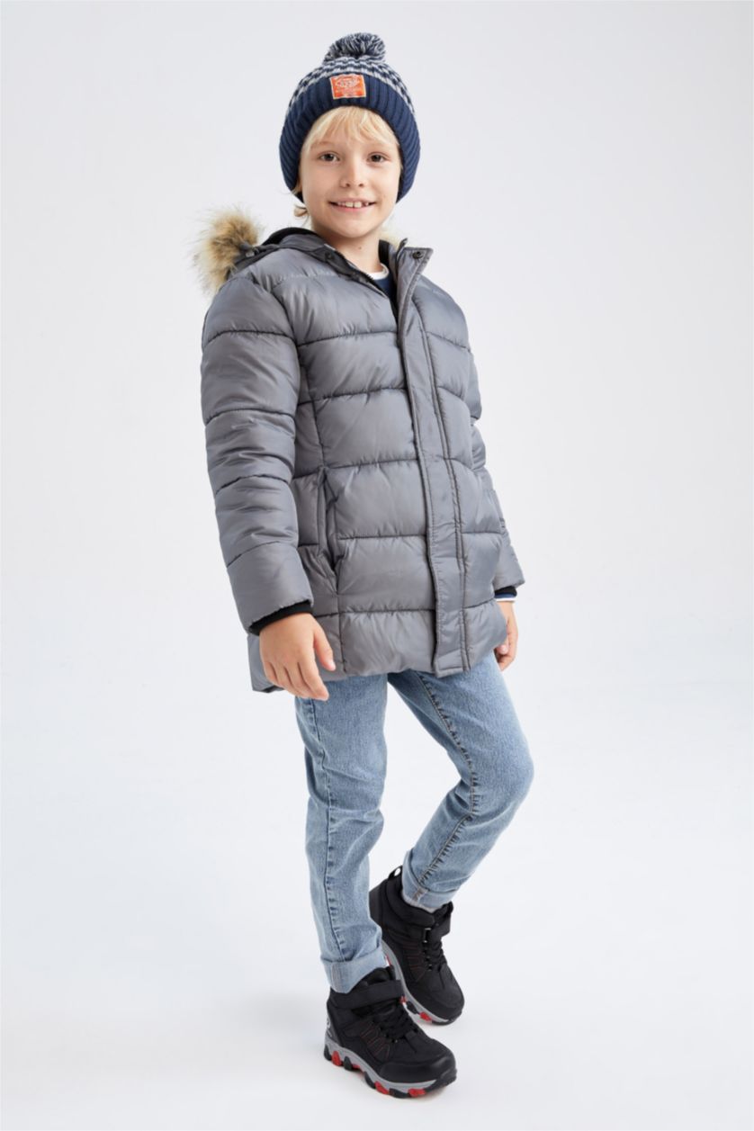 BOYS & TEENS Grey Boy Waterproof Removable Hooded Fur Fleece Lined Puffer Jacket