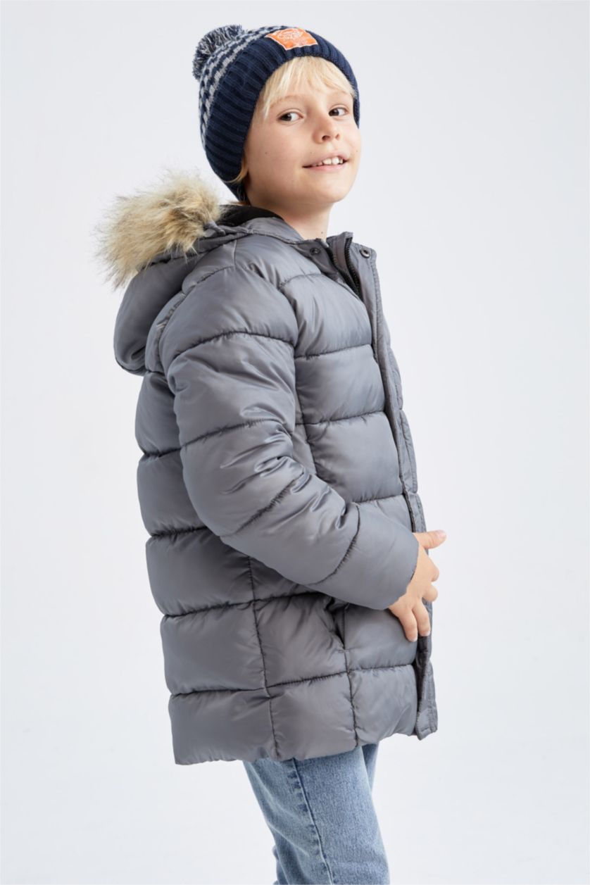 BOYS & TEENS Grey Boy Waterproof Removable Hooded Fur Fleece Lined Puffer Jacket