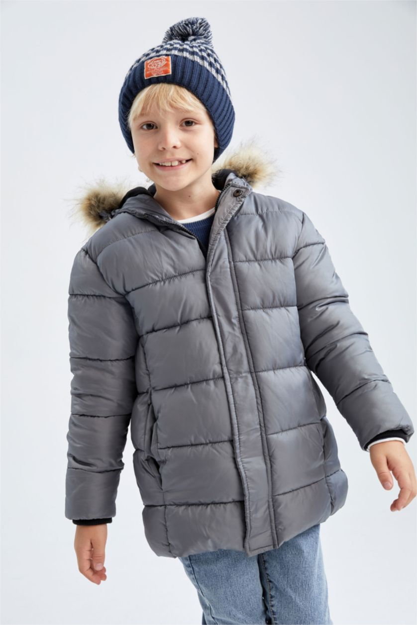 BOYS & TEENS Grey Boy Waterproof Removable Hooded Fur Fleece Lined Puffer Jacket