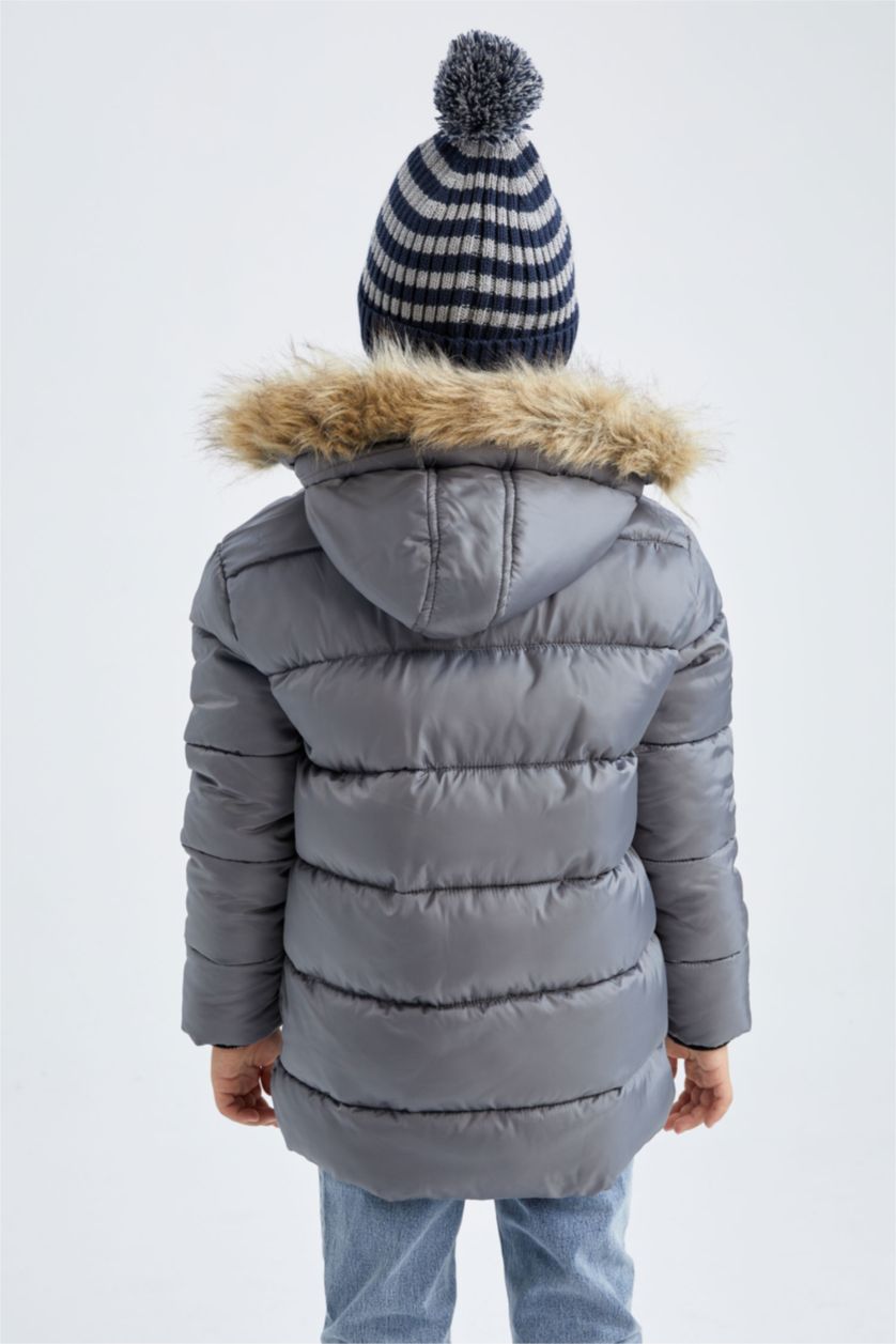 BOYS & TEENS Grey Boy Waterproof Removable Hooded Fur Fleece Lined Puffer Jacket