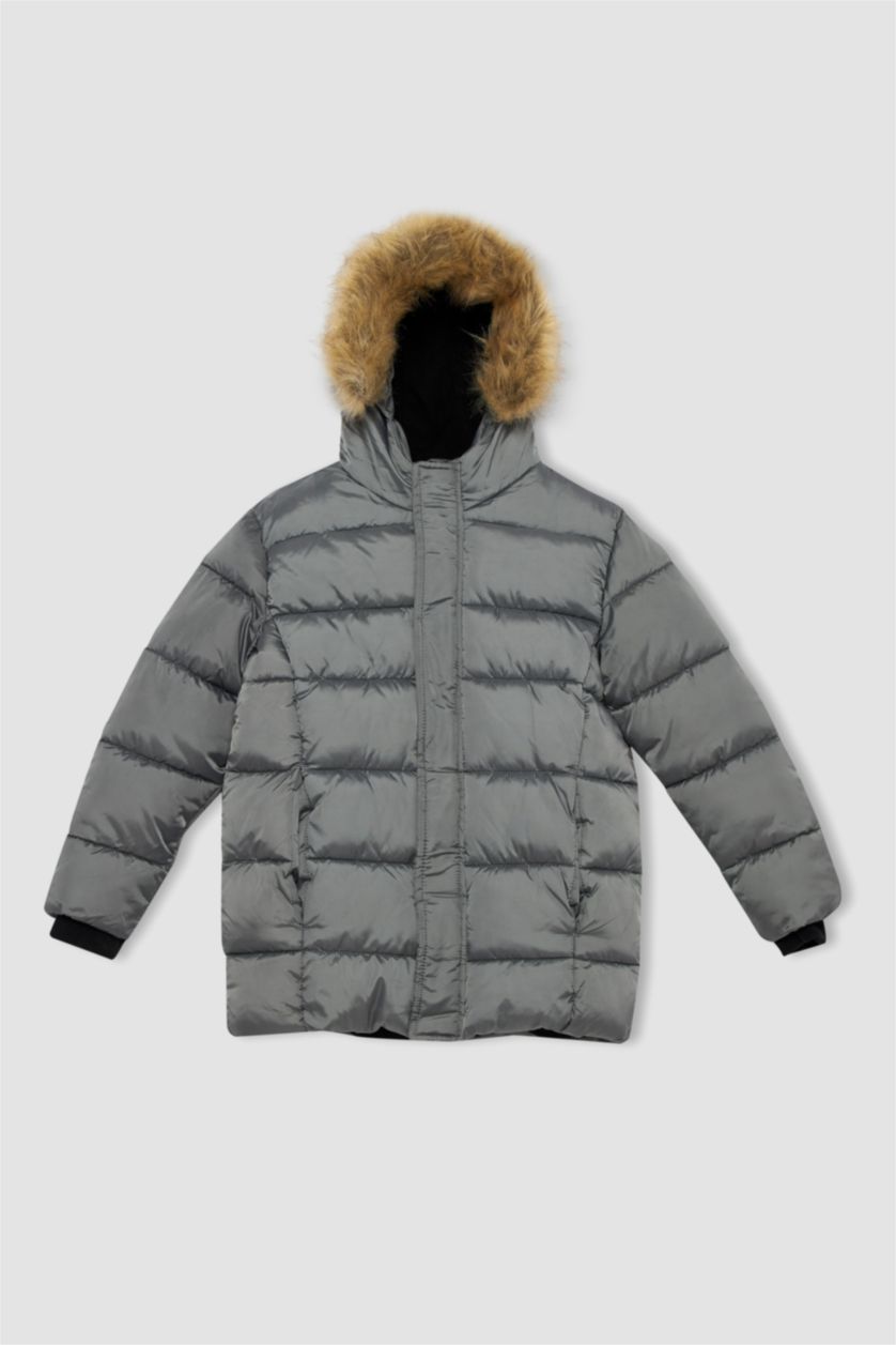 BOYS & TEENS Grey Boy Waterproof Removable Hooded Fur Fleece Lined Puffer Jacket