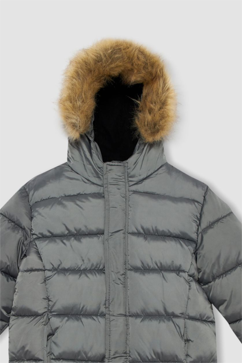 BOYS & TEENS Grey Boy Waterproof Removable Hooded Fur Fleece Lined Puffer Jacket