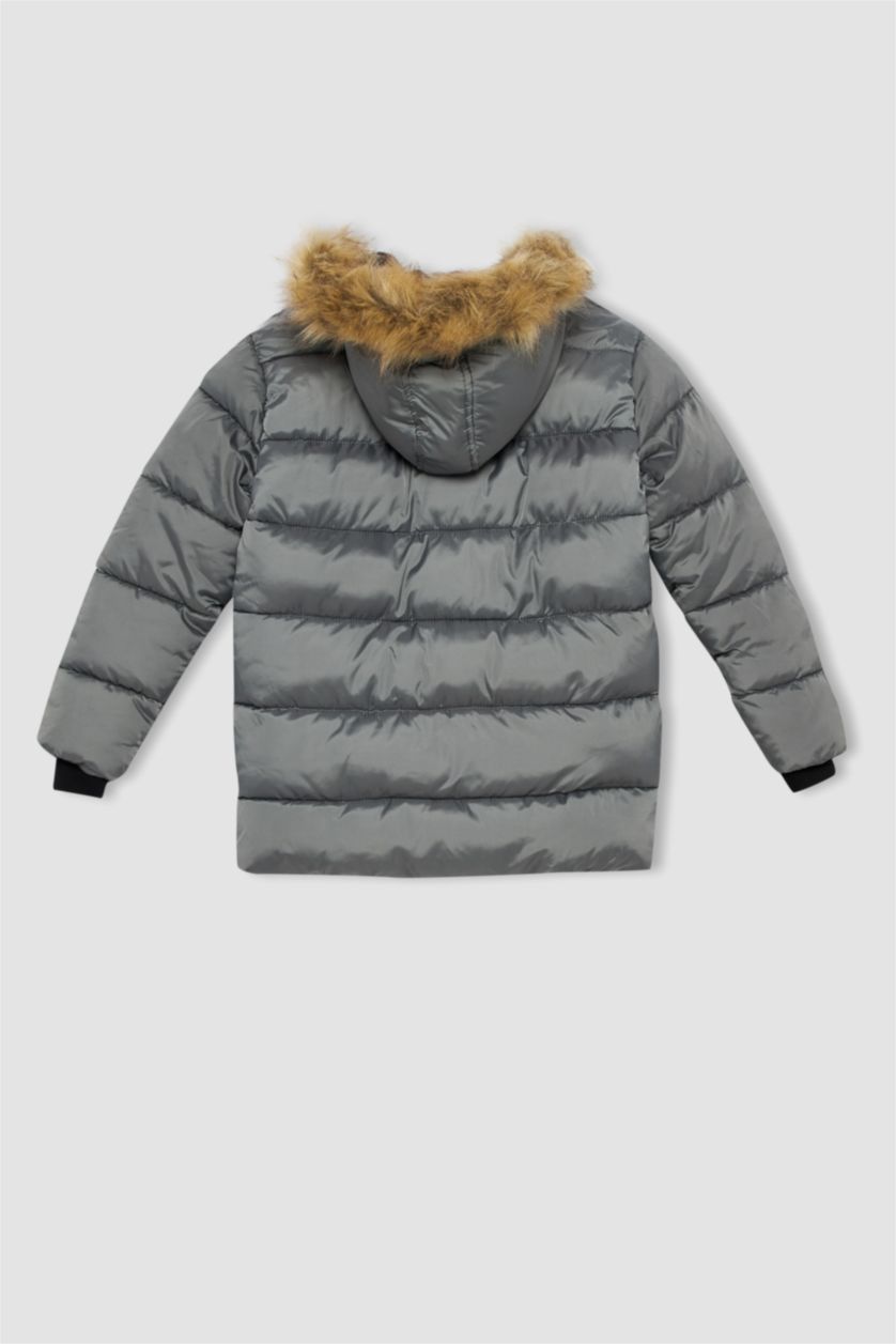 BOYS & TEENS Grey Boy Waterproof Removable Hooded Fur Fleece Lined Puffer Jacket