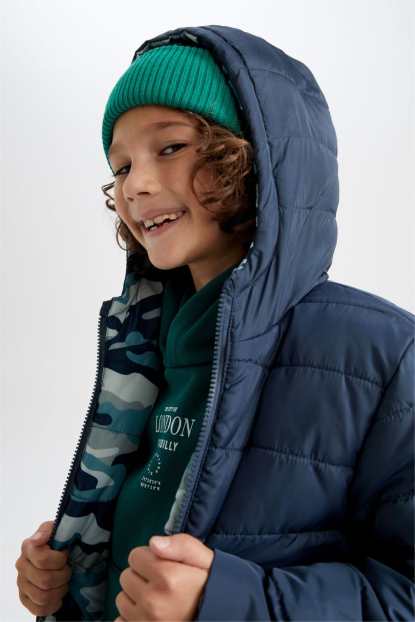 Erkek Çocuk - Genç Erkek Petrol Erkek Çocuk Çift Taraflı Kapüşonlu Pelüş Astarlı Şişme Mont