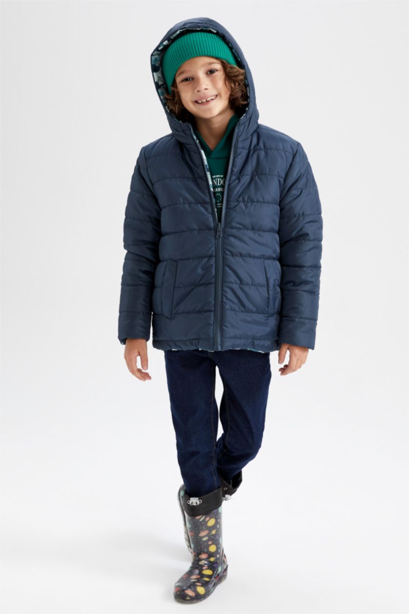 Erkek Çocuk - Genç Erkek Petrol Erkek Çocuk Çift Taraflı Kapüşonlu Pelüş Astarlı Şişme Mont