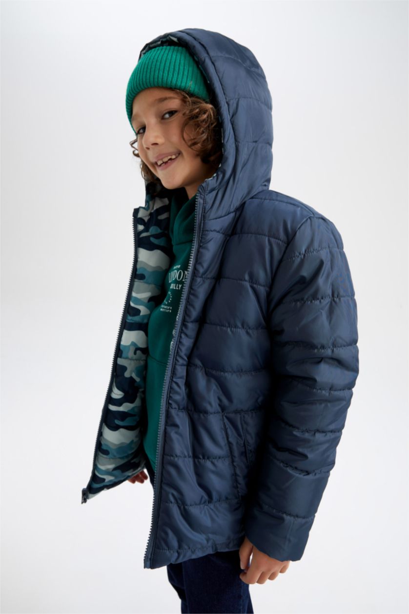 Erkek Çocuk - Genç Erkek Petrol Erkek Çocuk Çift Taraflı Kapüşonlu Pelüş Astarlı Şişme Mont