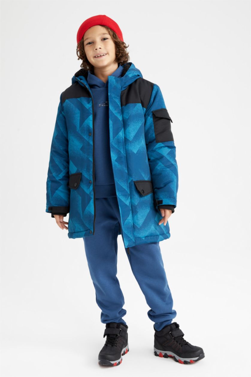 Erkek Çocuk - Genç Erkek İndigo Erkek Çocuk Pelüş Astar Kapüşonlu Uzun Kaban