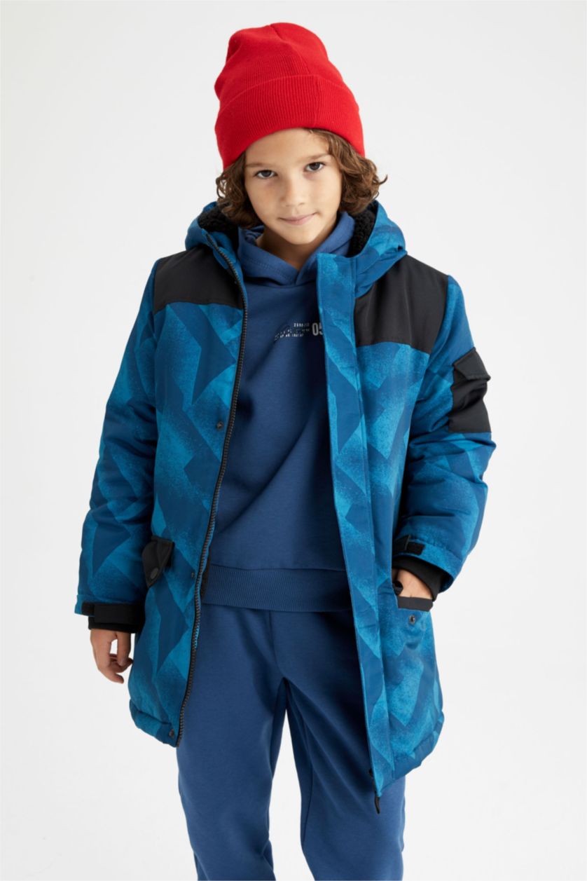 Erkek Çocuk - Genç Erkek İndigo Erkek Çocuk Pelüş Astar Kapüşonlu Uzun Kaban