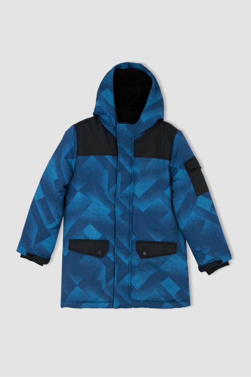 Erkek Çocuk - Genç Erkek İndigo Erkek Çocuk Pelüş Astar Kapüşonlu Uzun Kaban