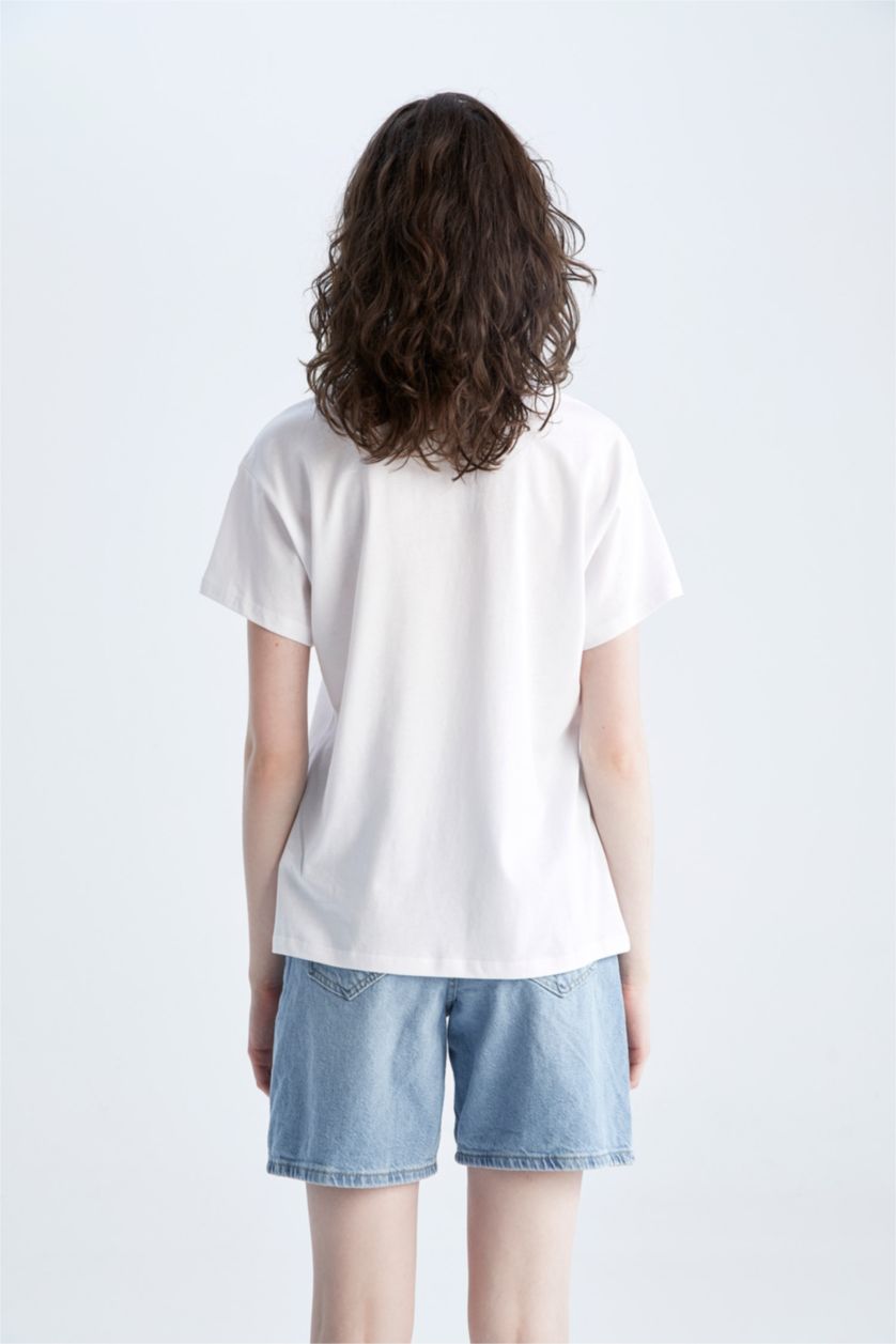 FEMME Blanc T-shirt à manches courtes imprimé à slogan et col ras du cou coupe standard