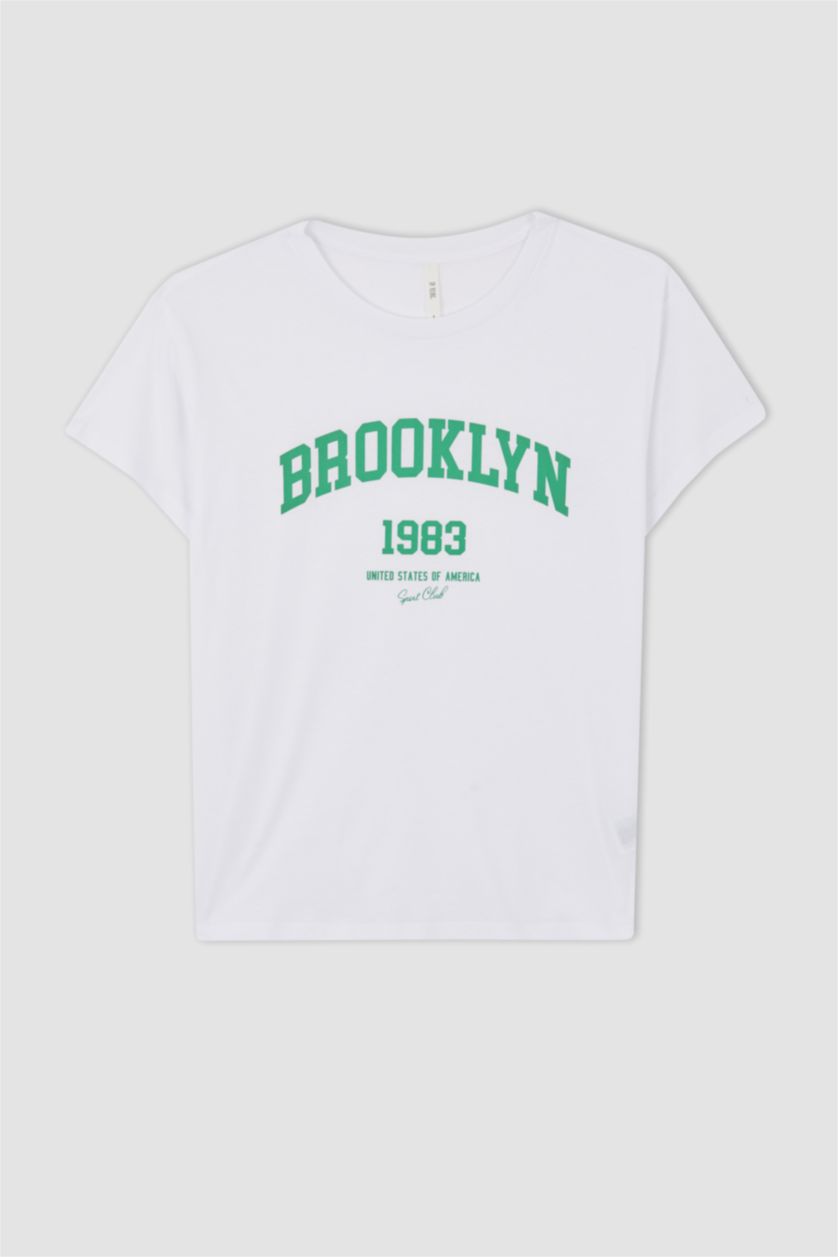 FEMME Blanc T-shirt à manches courtes imprimé à slogan et col ras du cou coupe standard