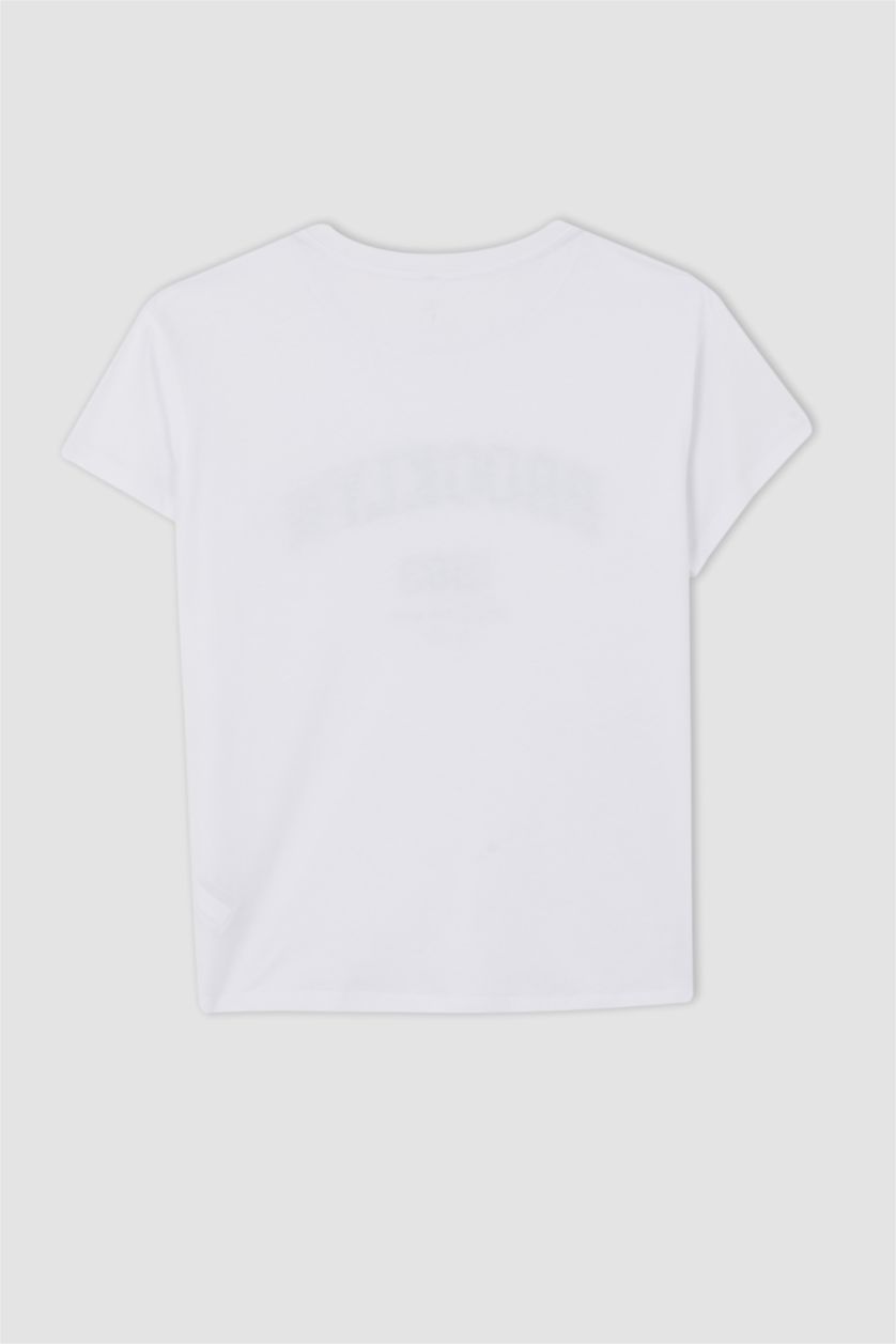 FEMME Blanc T-shirt à manches courtes imprimé à slogan et col ras du cou coupe standard